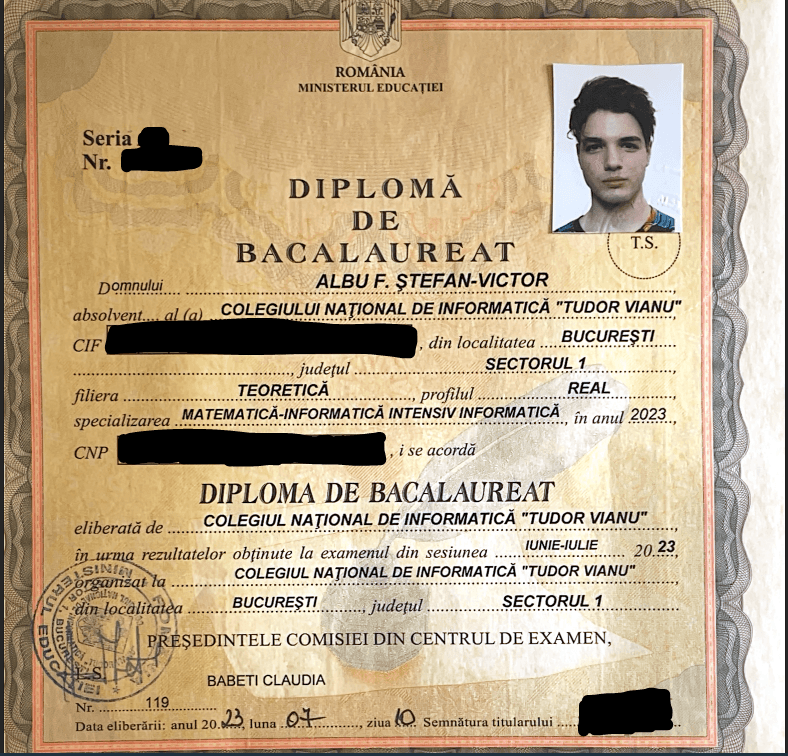 Diplomă Bacalaureat - informatică, nota 10