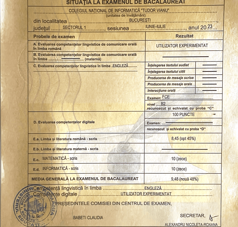Diplomă Bacalaureat - matematică, nota 10