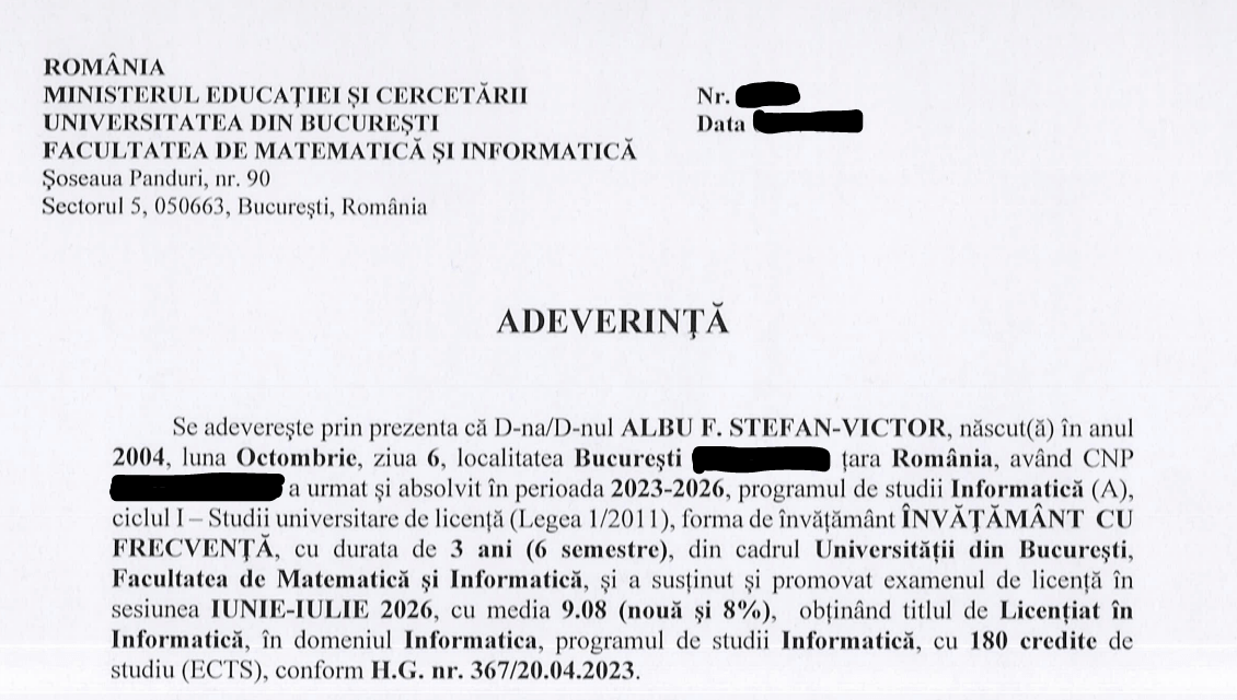 Diplomă de licență - Facultatea de Matematică și Informatică, UNIBUC